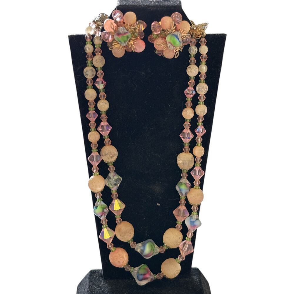 Duel Strand Art Glass Necklace Earring Set Pink Aurora Borealis Crystal